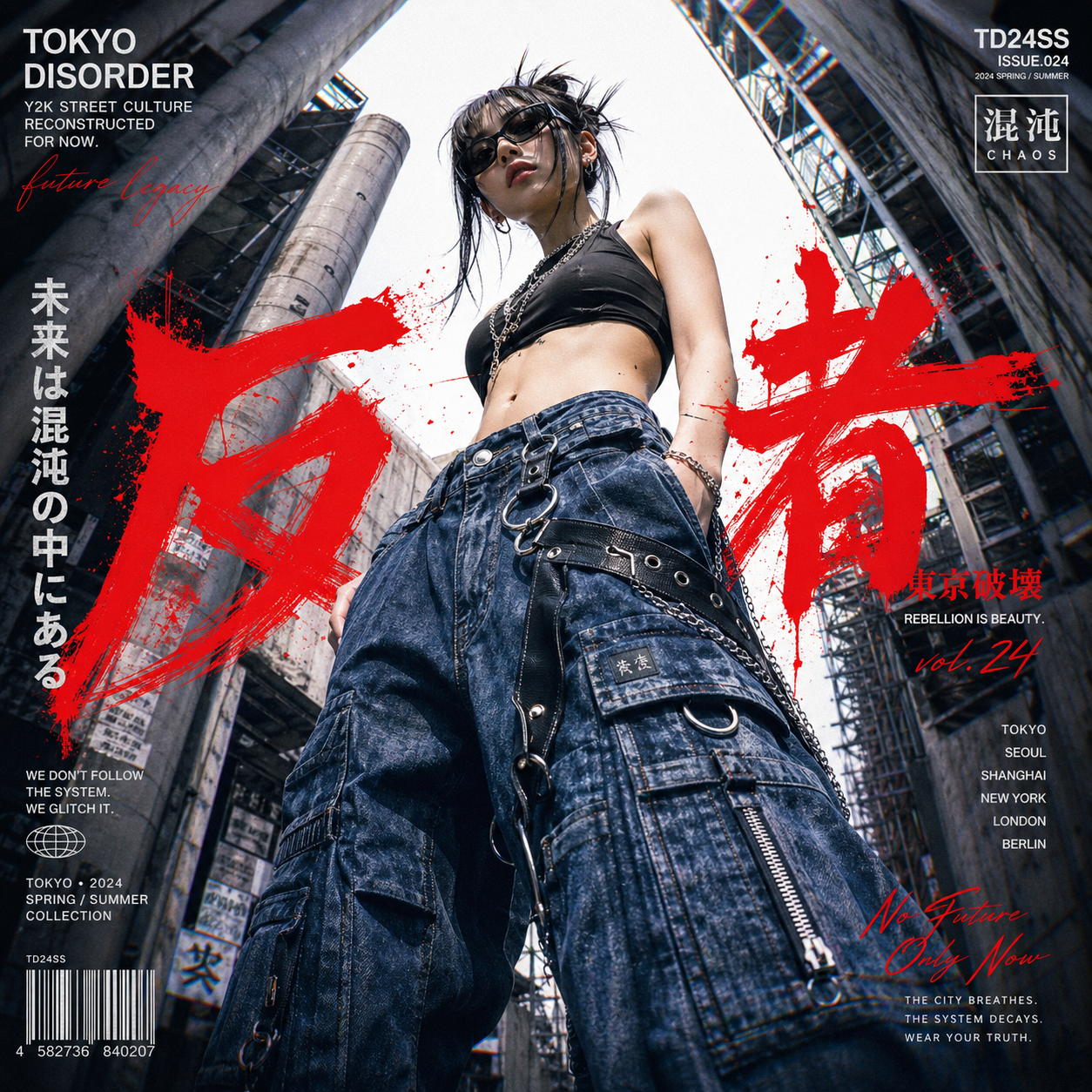 A high-fashion avant-garde editorial poster in a Y2K streetwear aesthetic, feat… AI image prompt result