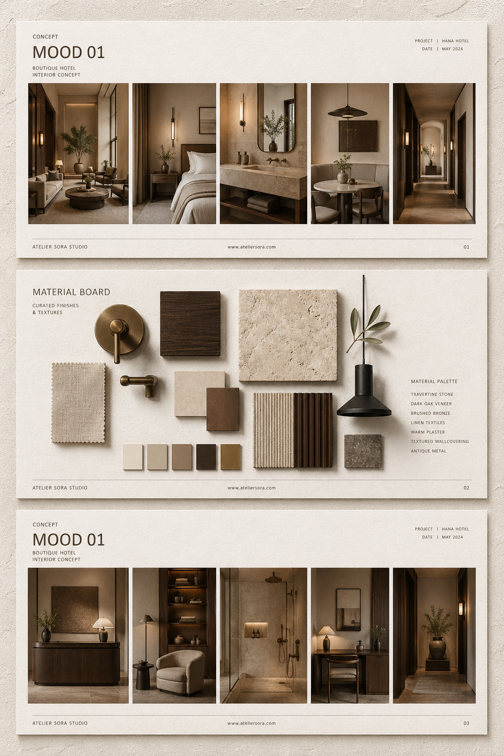 A professional interior design portfolio and presentation mockup featuring thre… AI image prompt example